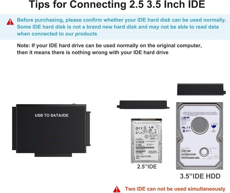 DELXING USB 3.0 to SATA IDE Adapter Hard Drive Reader, USB + Type C to External Hard Drive Disk HDD Converter Kit for Universal 2.5" 3.5" IDE HDD, 2.5" SSD, with 12V/2A Power Adapter - Image 2